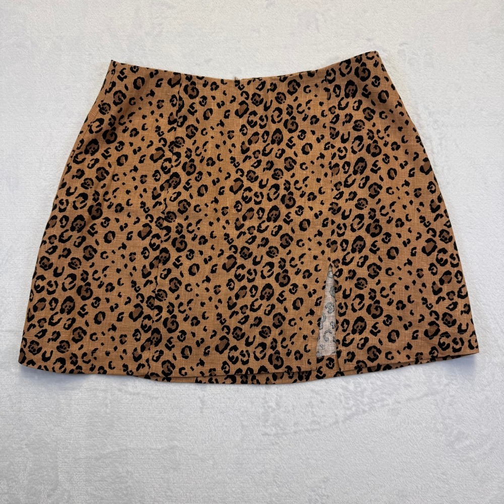 Reformation Leopard Print Linen Mini Skirt Brown Tan Black‎ Front Slit Size 8